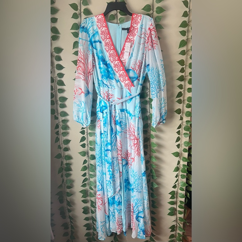 White House Black Market Coral Stripe Scuba Blue Dramatic Maxi Dress NWT - Picture 2 of 8